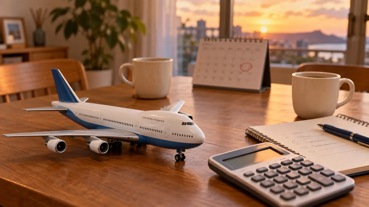 夕方の部屋のテーブルに置かれた飛行機の模型と電卓、手書きのメモ