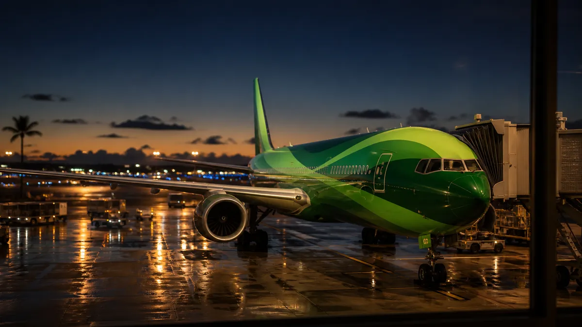 夕暮れの空港の駐機場で、緑を基調にした大型旅客機が出発を待っている様子