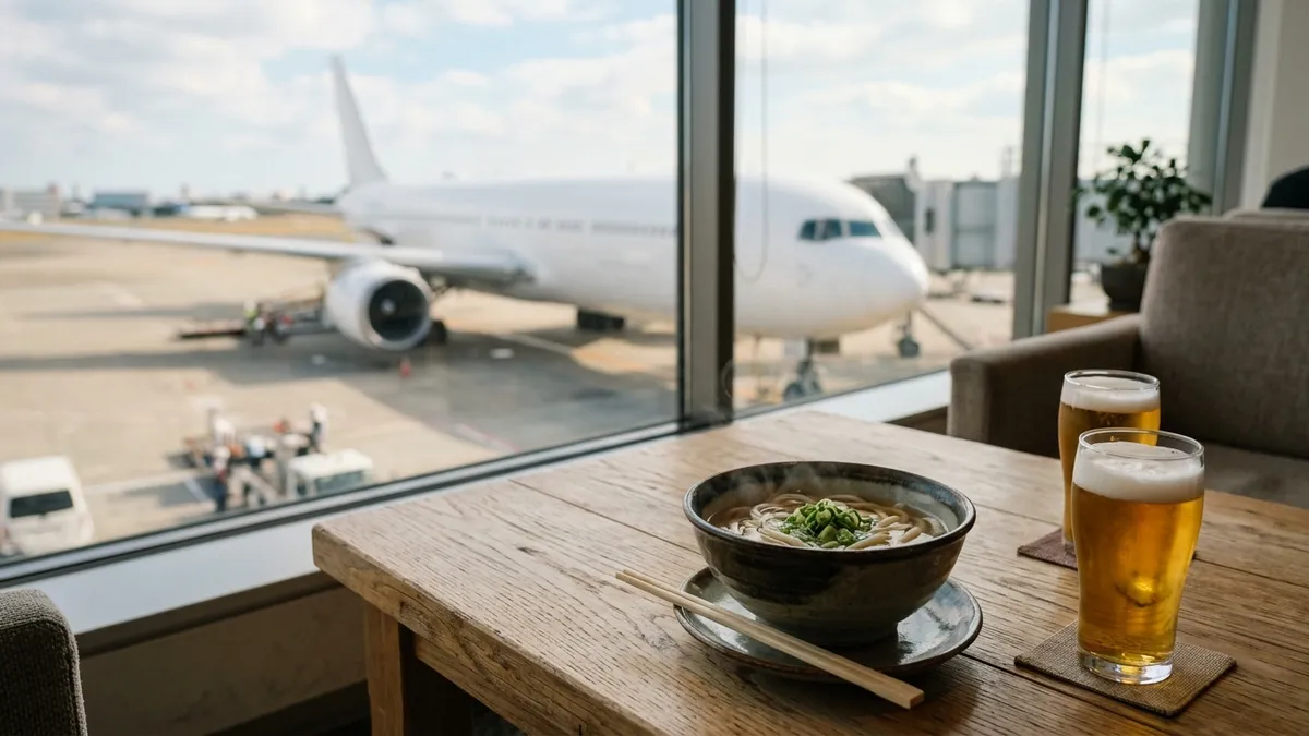 空港ラウンジの窓際のテーブルに置かれた、うどんの器とビールのグラス2つ、窓の外に駐機中の旅客機