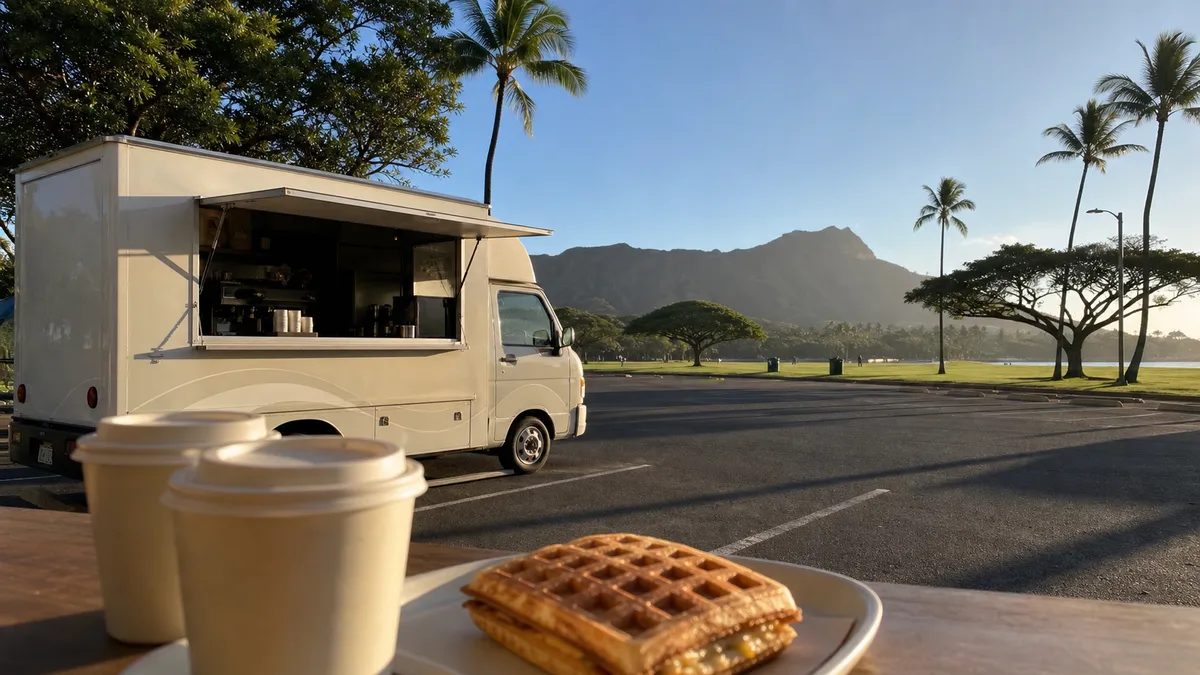 カピオラニ公園そばの駐車場に停まるコーヒートラックと、朝の光が差すダイヤモンドヘッド