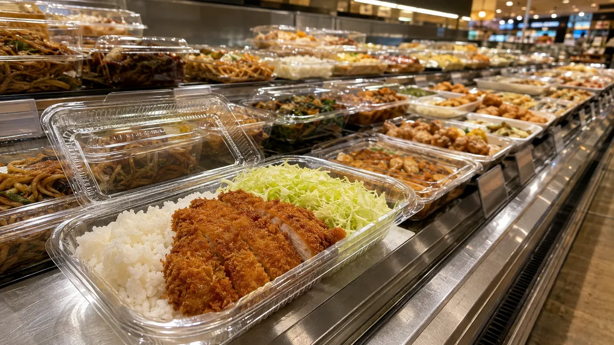 日系スーパーのお惣菜コーナーに揚げ物やご飯ものの弁当が並び、夕方の照明が当たっている情景