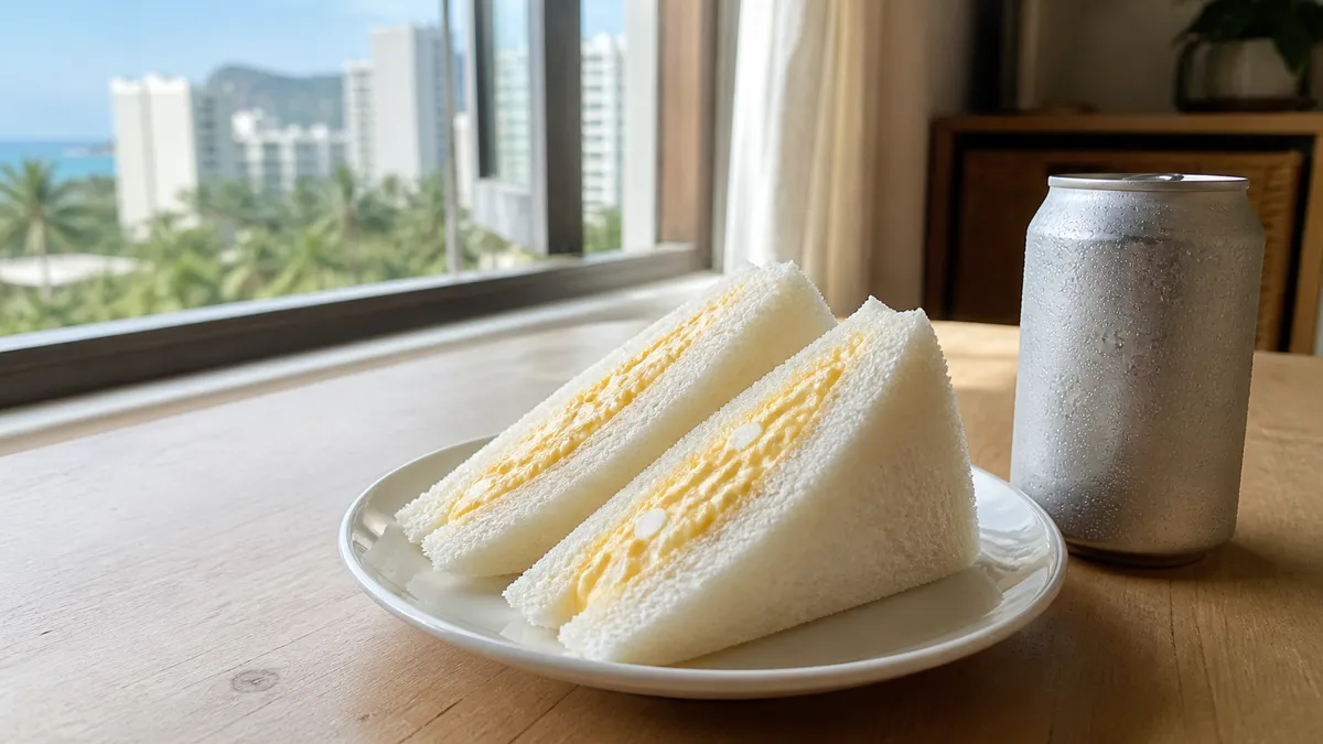 A crustless egg salad sandwich on soft white bread sitting on a plate next to a cold can of beer by an open window in Waikiki