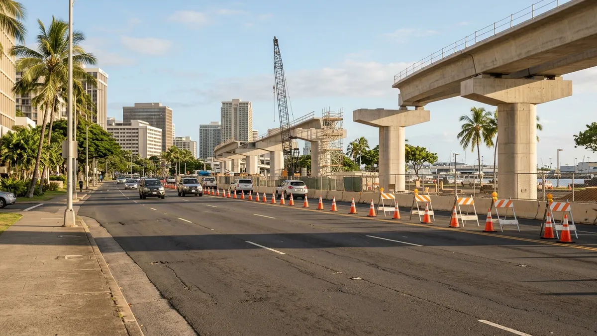 A wide waterfront boulevard in downtown Honolulu with orange traffic cones narrowing the lanes beside a construction zone, office towers and palm trees in soft afternoon light
