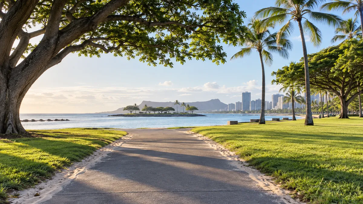 Wide lawn and shoreline path of a Honolulu city beach park in early morning light, with a small pile of storm sand at the edge of a paved park road and Magic Island in the distance