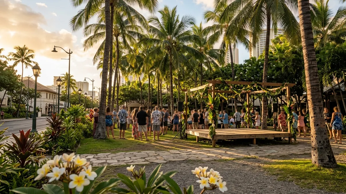Late afternoon on Kalakaua Avenue in Waikiki with a crowd gathered around an open-air stage under palm trees