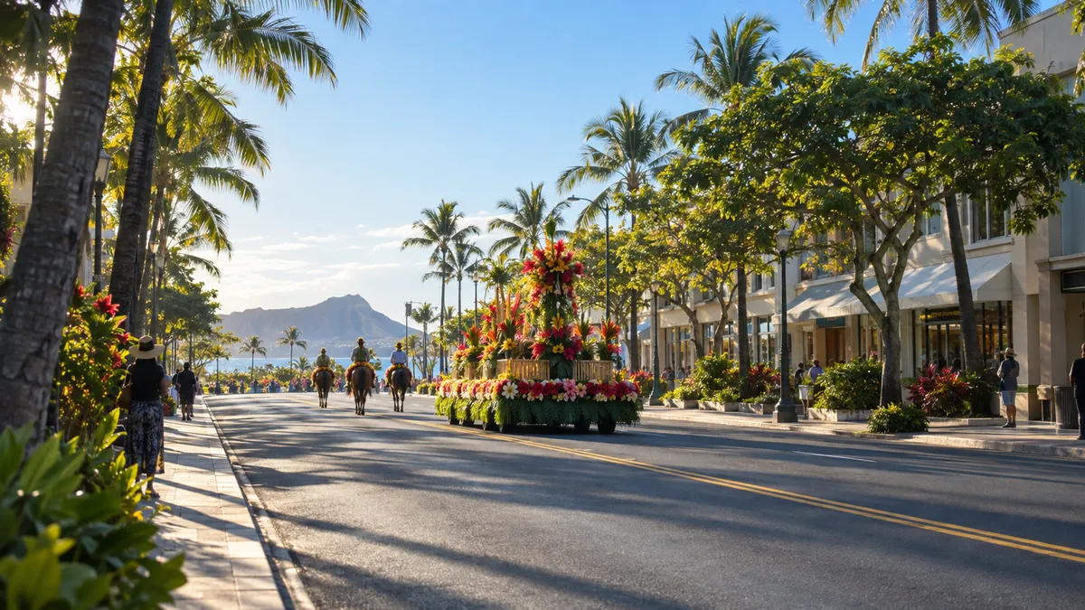Morning light on a Waikiki avenue lined with palm trees as a flower-covered float and riders on horseback move past a sidewalk crowd
