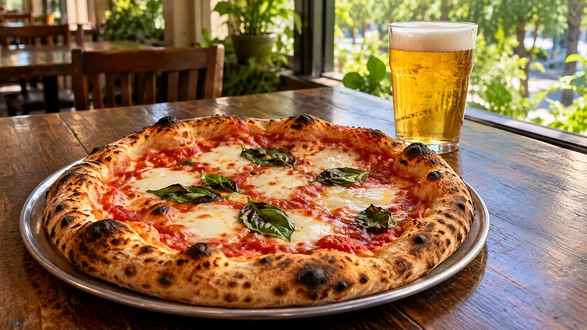 A Neapolitan-style margherita pizza with charred crust beside a glass of pale draft beer on a dark wood table in late-afternoon light