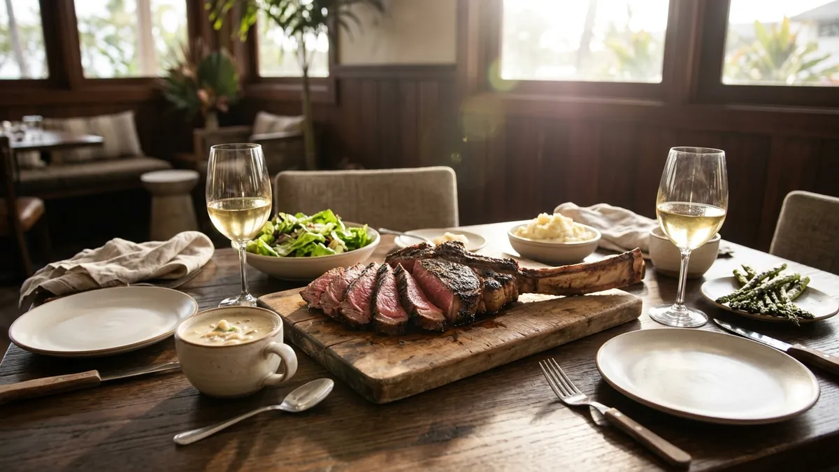 A large bone-in tomahawk ribeye on a wooden steakhouse table with a salad, two side dishes and two glasses of white wine in late-afternoon light