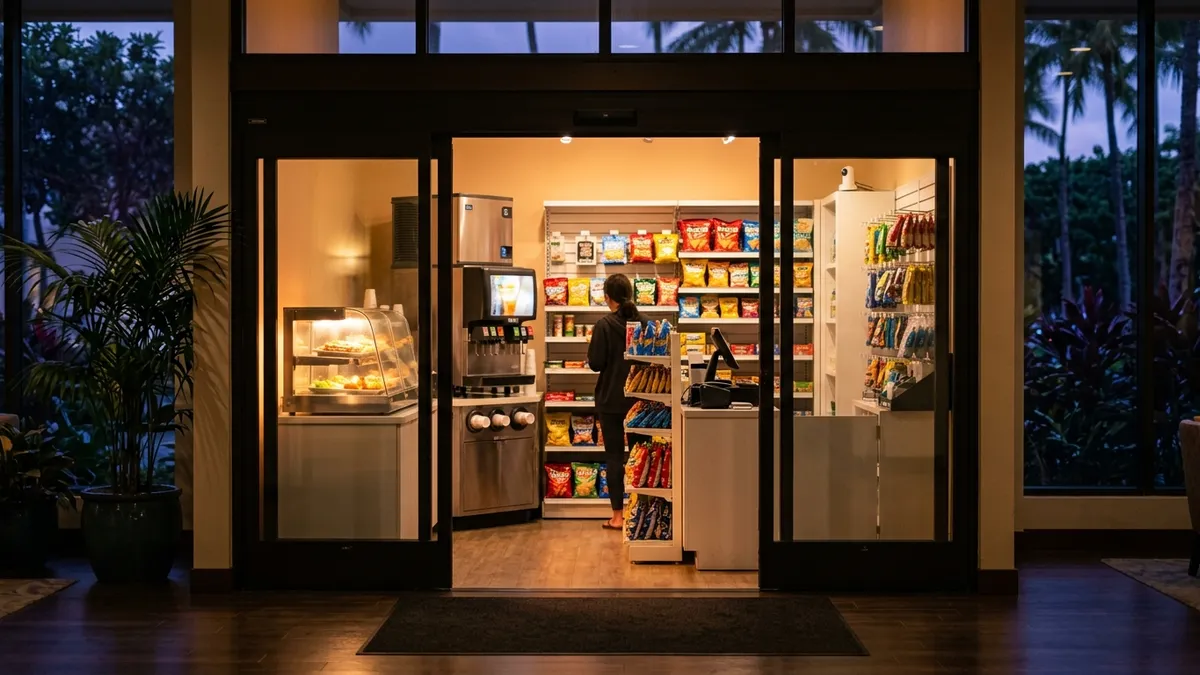 A small brightly lit Korean convenience store counter with a hot-food case and a self-serve drink machine, seen from the doorway of a hotel lobby at dusk