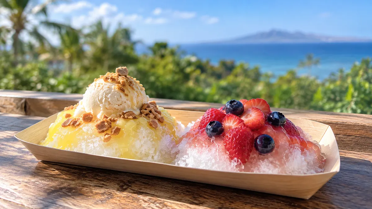 Two wide trays of finely shaved ice on a small outdoor counter in afternoon light, one topped with pale yellow sauce and a scoop of vanilla ice cream, the other with fresh berries