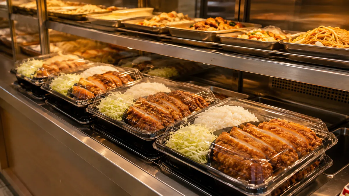 A Japanese-style supermarket prepared-food counter in late afternoon, with fried cutlet plates in takeout containers lined up under warm case lighting