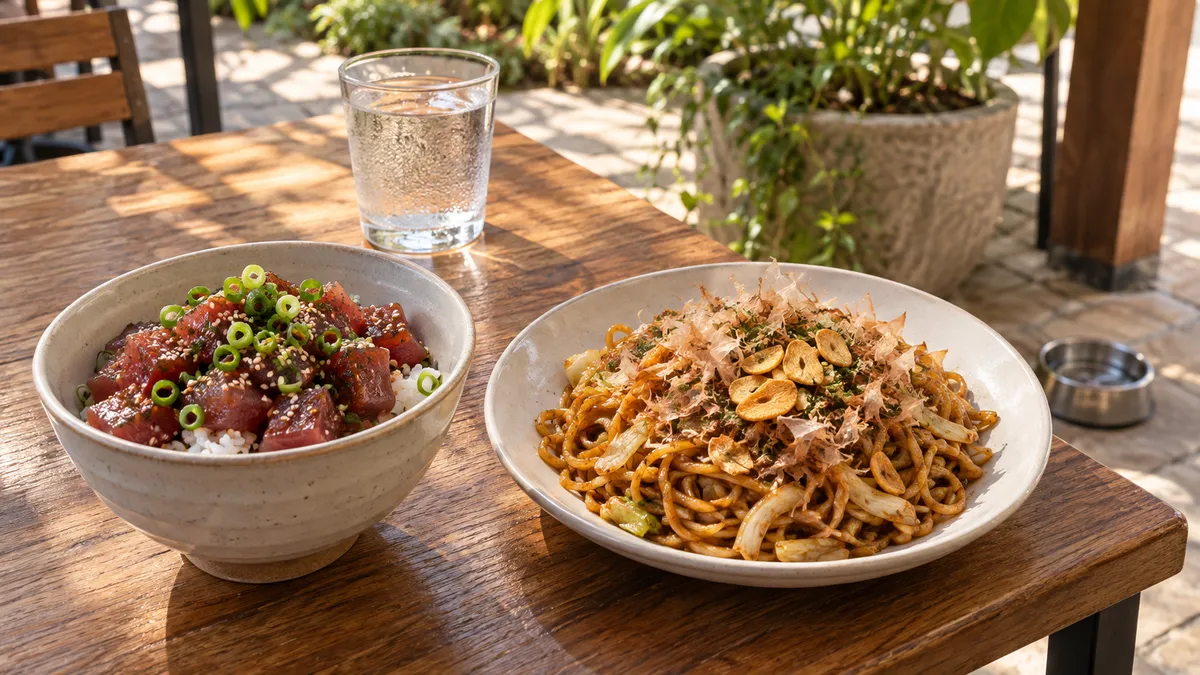 A bowl of ahi poke over rice and a plate of garlic noodles on a table in a shaded open-air courtyard cafe in warm afternoon light