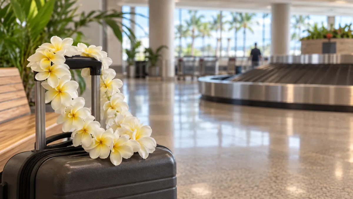 Illustration of a fresh plumeria lei resting on a suitcase handle beside an airport baggage carousel in warm daylight