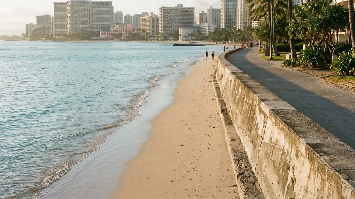 A quiet stretch of Waikiki beach in afternoon light, with a narrow strip of sand meeting a low seawall and a beach path, hotel towers soft in the background