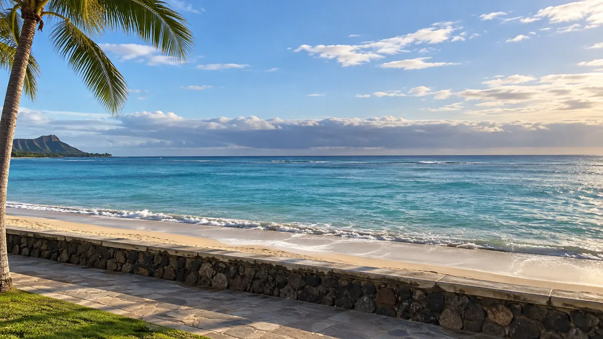 Calm late-afternoon view along a Waikiki shoreline path toward a clearing sky over the Pacific, with a low band of gray clouds far out on the horizon and palm trees at the edge of the frame