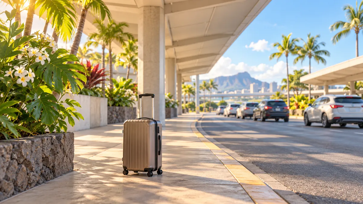 Illustration of a rolling suitcase at an open-air airport curb under a covered walkway, with tropical plants and soft morning light