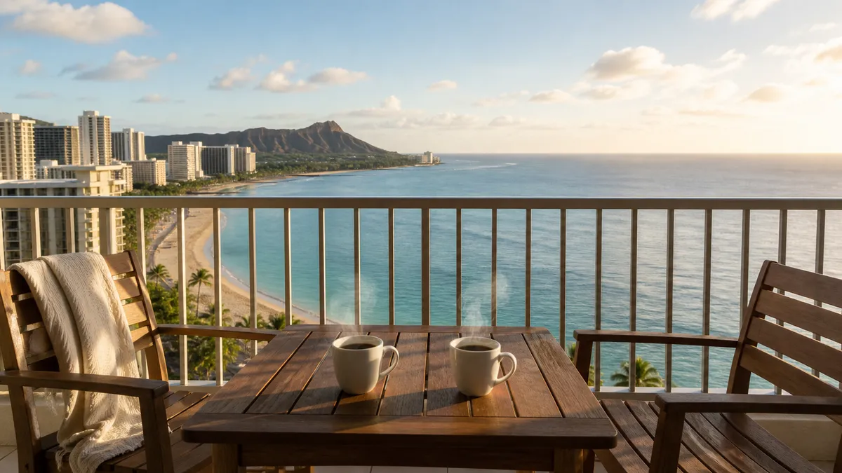 Two cups of coffee on a lanai table overlooking Waikiki Beach and Diamond Head in the morning light