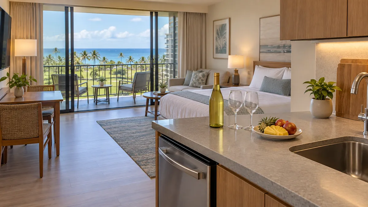 A high-rise hotel suite with a small kitchen counter and an open lanai door looking over park greenery and the ocean in Waikiki