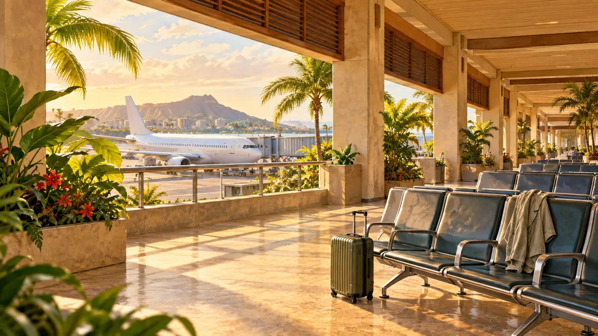 Illustration of an open-air airport gate area with rows of empty seats, tropical plants, and warm afternoon light through tall windows
