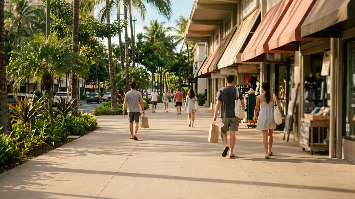 A Waikiki sidewalk in late afternoon light with palm trees, storefront awnings and a few people walking past carrying shopping bags