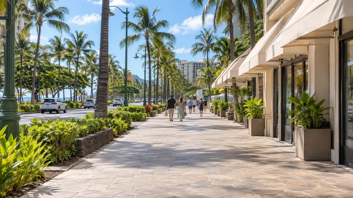 A wide Waikiki sidewalk on a bright afternoon with palm trees, shop awnings and a few people walking with grocery bags