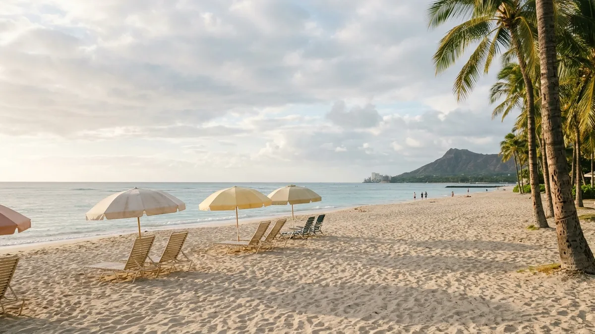 Quiet late-afternoon Waikiki beach with a few open umbrellas and empty lounge chairs, calm water, and soft clouds over the ocean toward the horizon
