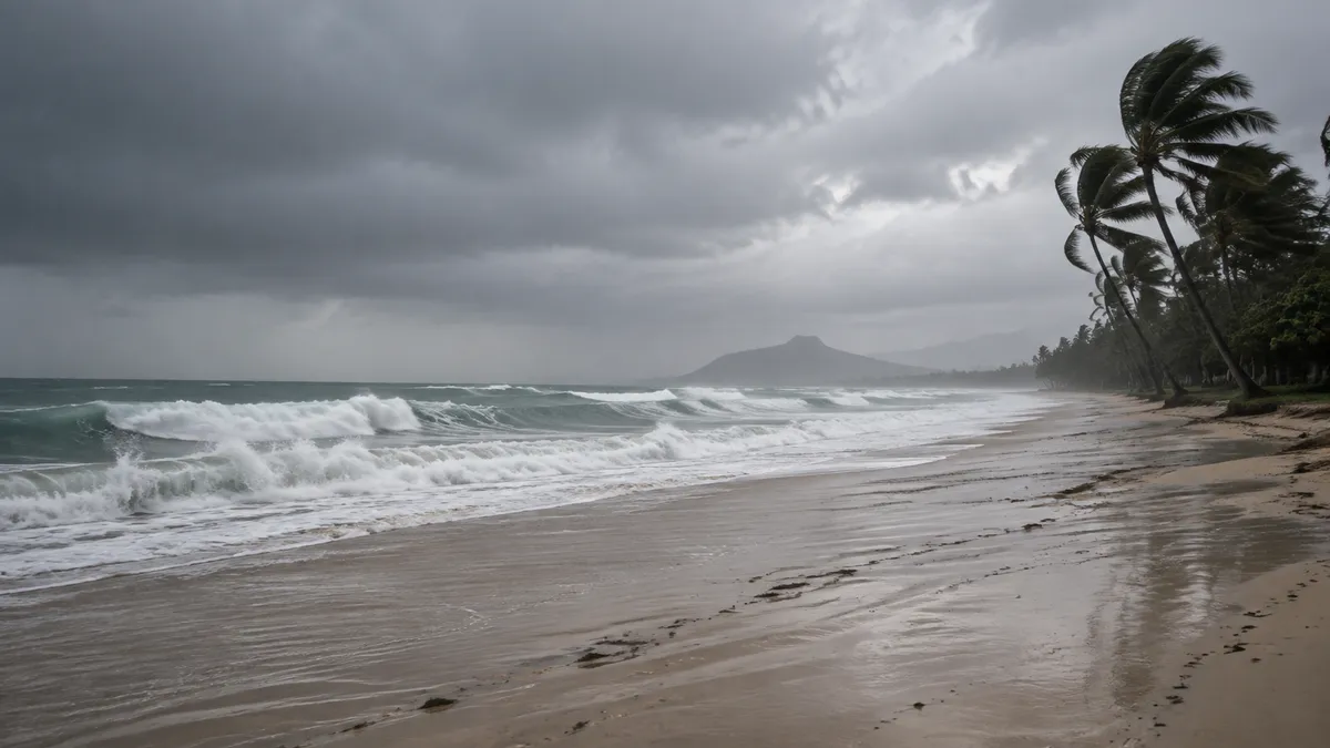 Overcast gray sky over a Waikiki south-facing shoreline with large gray swell breaking on an empty beach and palm fronds moving in the wind