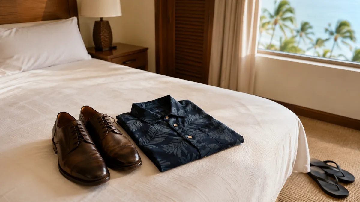 A pair of closed-toe leather shoes and a folded collared aloha shirt laid out on a hotel room bed next to sandals