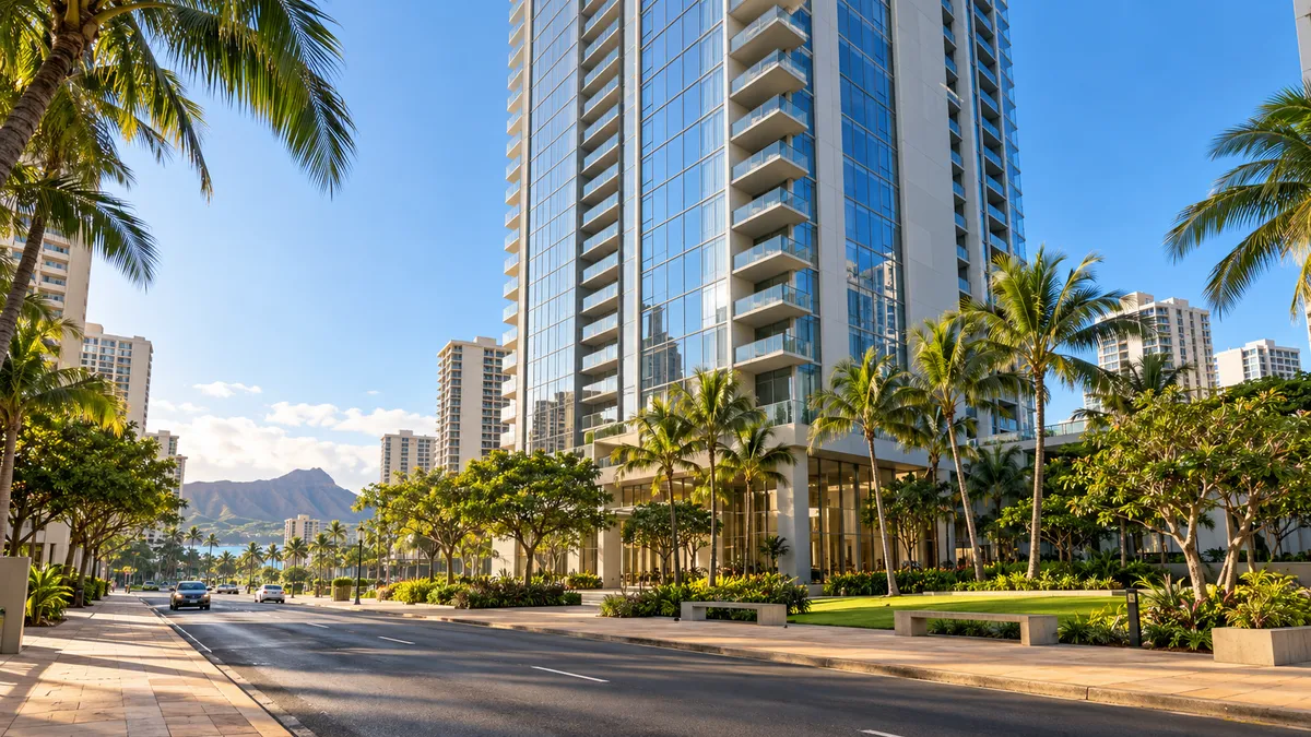 A new glass high-rise tower on a Waikiki side street in soft morning light, with a small green pocket park and palm trees at its base and a two-way street in front