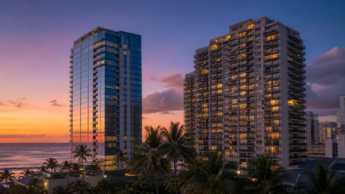 Two contrasting Waikiki high-rise towers at sunset — a sleek new glass tower beside an established tower with warmly lit windows