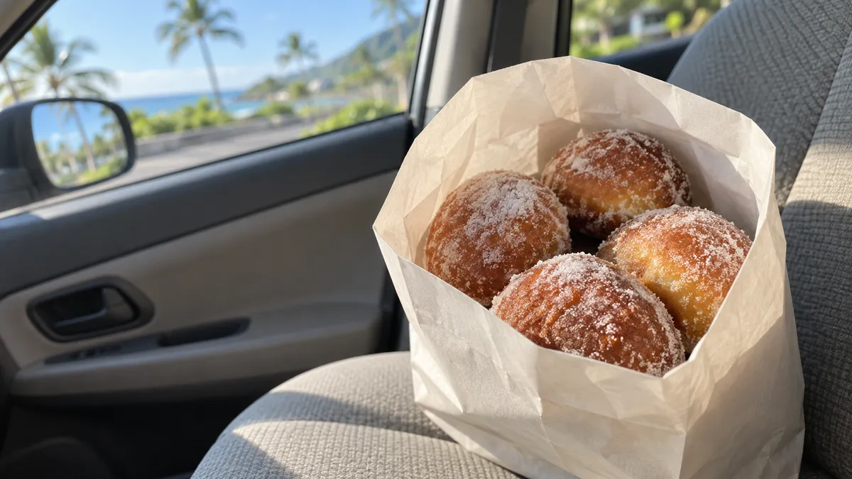 An open white paper bag of sugar-dusted round fried pastries on a car passenger seat in warm morning light