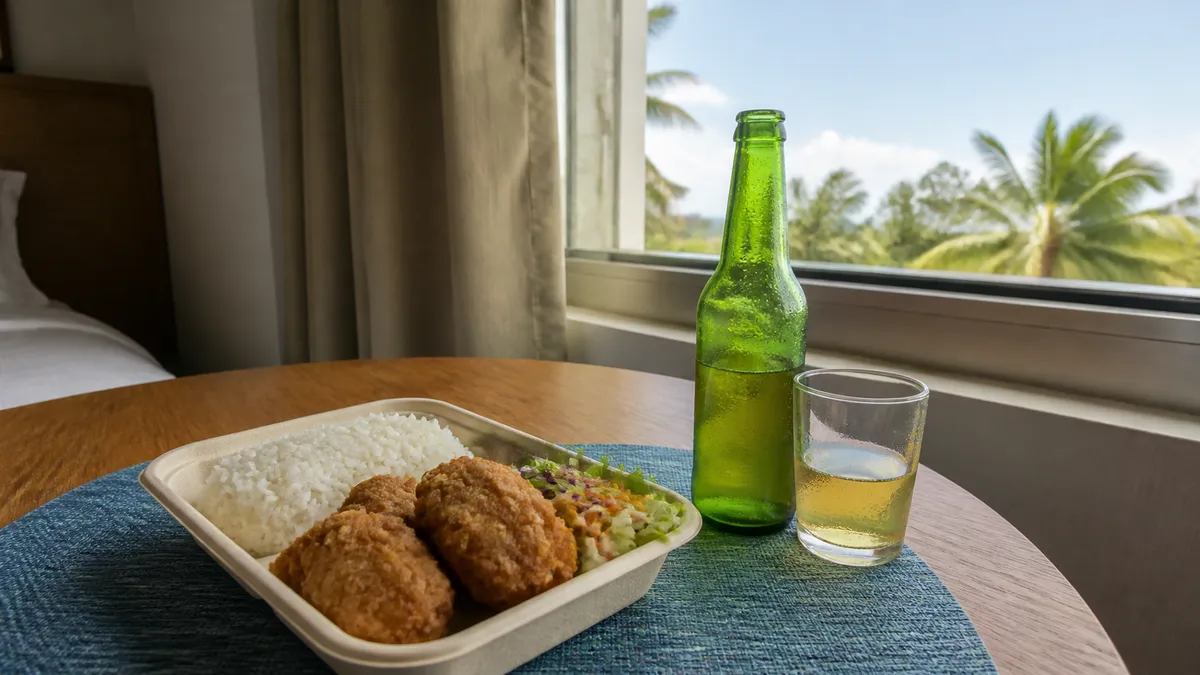A takeout plate of fried chicken and rice beside a cold bottle of beer on a table by an open window in Waikiki