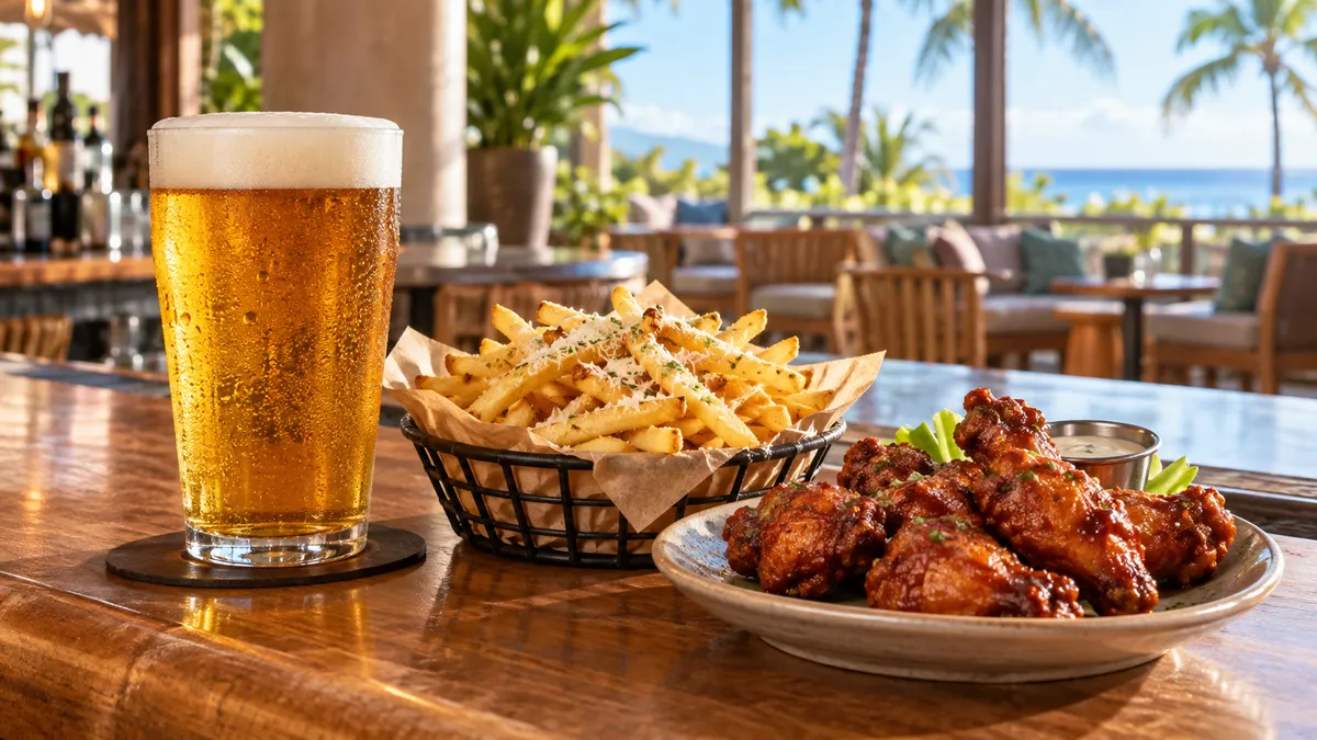 A quiet hotel bar counter in afternoon light with a draft beer, a basket of fries and a plate of chicken wings