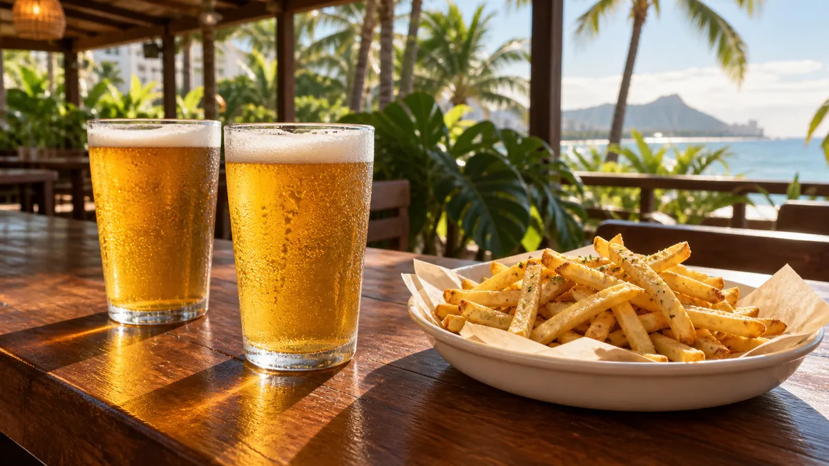 Cold draft beer and shared bar snacks on a table at an open-air Waikiki grill in late afternoon light