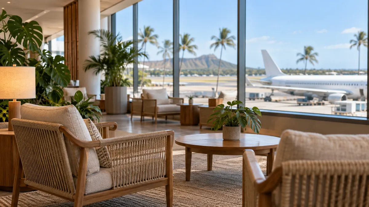 Generic illustration of an empty airport lounge seating area with rattan chairs and wide windows in warm afternoon light; not the announced Southwest lounge, which has not been built