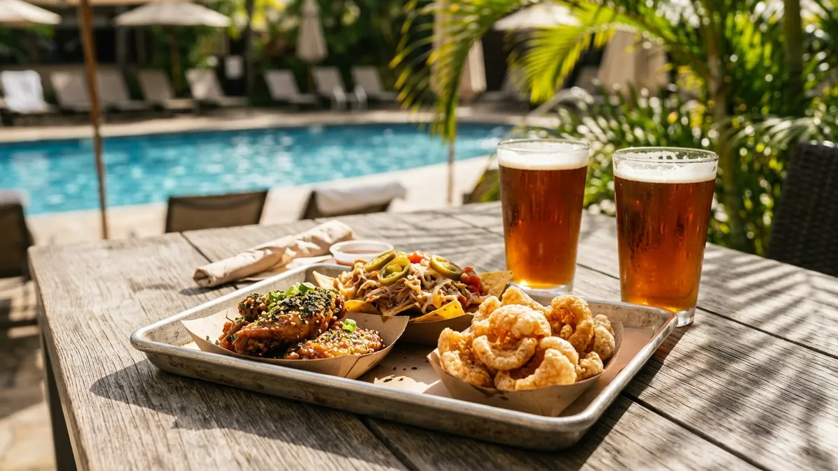 A metal sheet pan with chicken wings, nachos and crispy pork rinds next to two pints of amber ale on a poolside table, with lounge chairs and palm shadows in afternoon light
