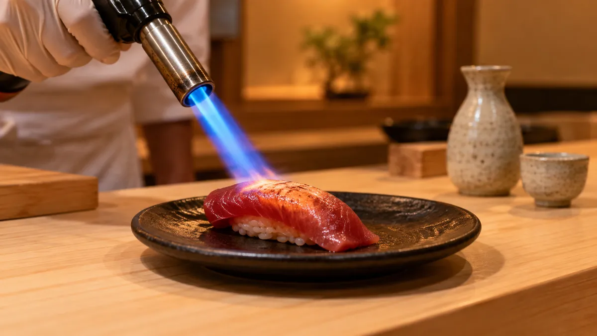 A small wooden sushi counter in warm evening light, a single piece of nigiri being seared with a blue torch flame