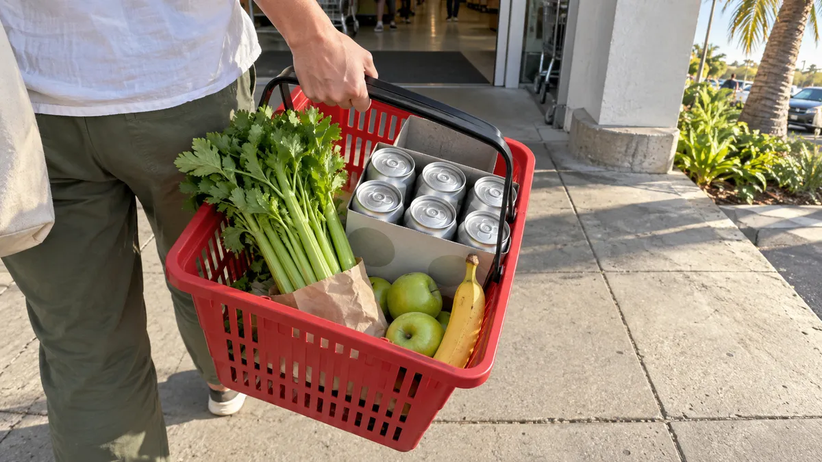 A shopping basket holding celery, fruit and a boxed multipack of canned beer, seen from above