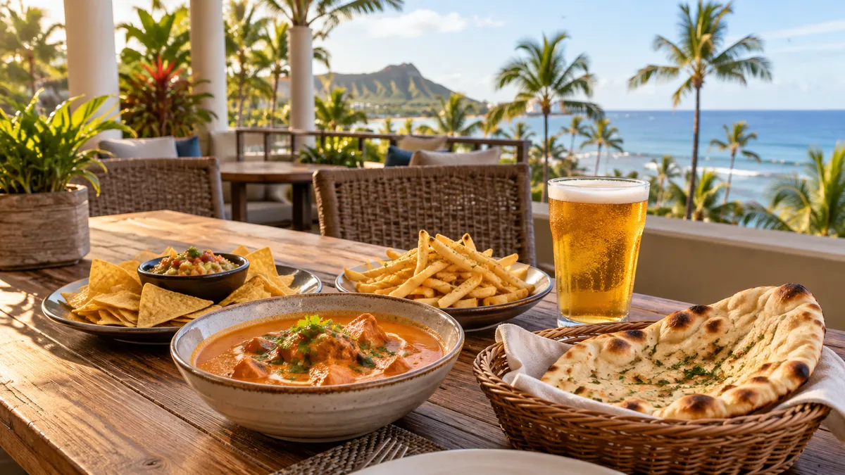 An open-air hotel terrace in early evening light with small shared plates, a bowl of curry with naan and a pint of pale beer on a table, palm fronds overhead