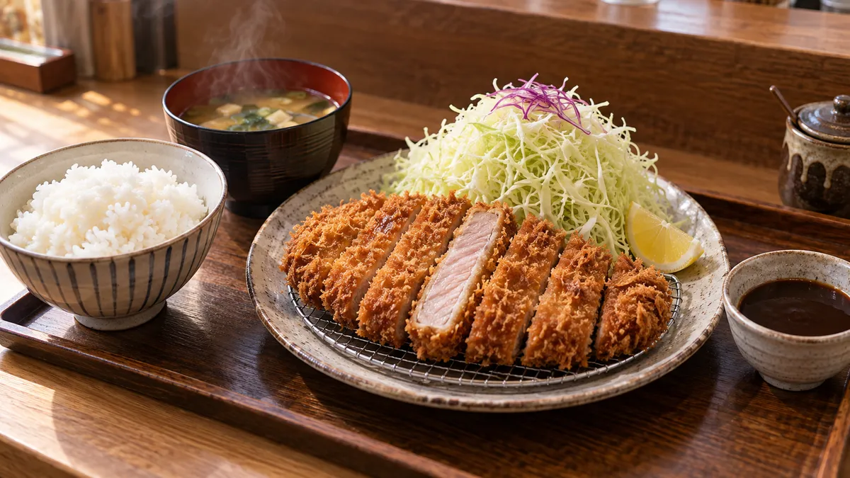 A freshly fried breaded pork cutlet sliced into strips on a wire rack, with a bowl of rice, shredded cabbage and miso soup on a dark counter
