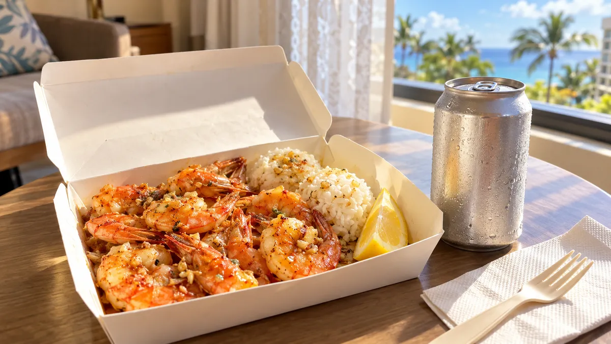 A takeout box of garlic shrimp in shells with white rice and a lemon wedge on a small table next to a cold can of beer, open windows and palm leaves in soft afternoon light behind