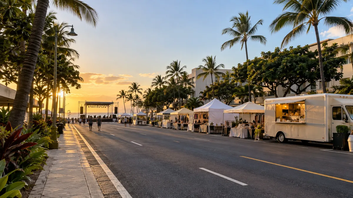 Late afternoon on a closed-off Kalakaua Avenue in Waikiki with food booths, a small stage and palm trees