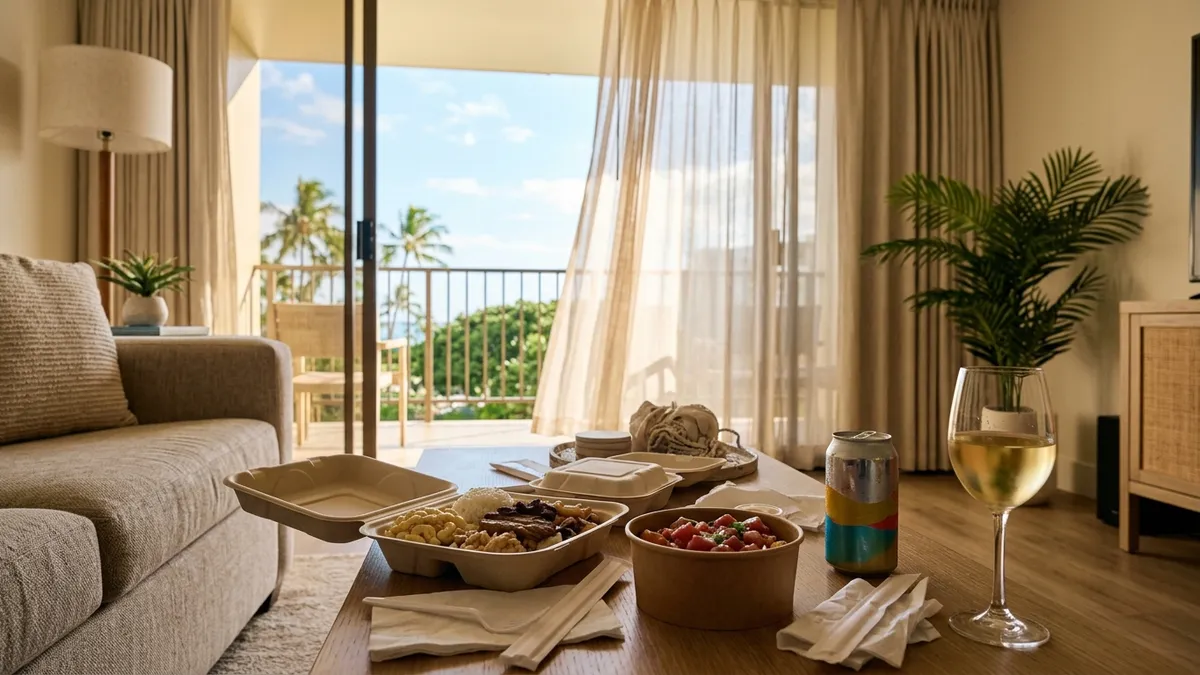Illustration of a quiet hotel suite living room in Waikiki in afternoon light, with takeout containers, a cold beer and a glass of white wine on a low table and open windows looking toward palm trees