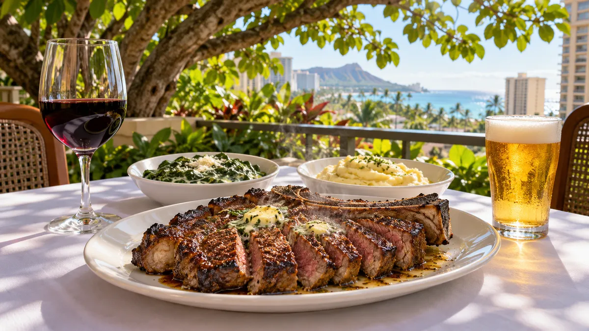 A sizzling bone-in steak on a hot plate with a glass of red wine on a shaded open-air terrace in Waikiki in mid-afternoon light