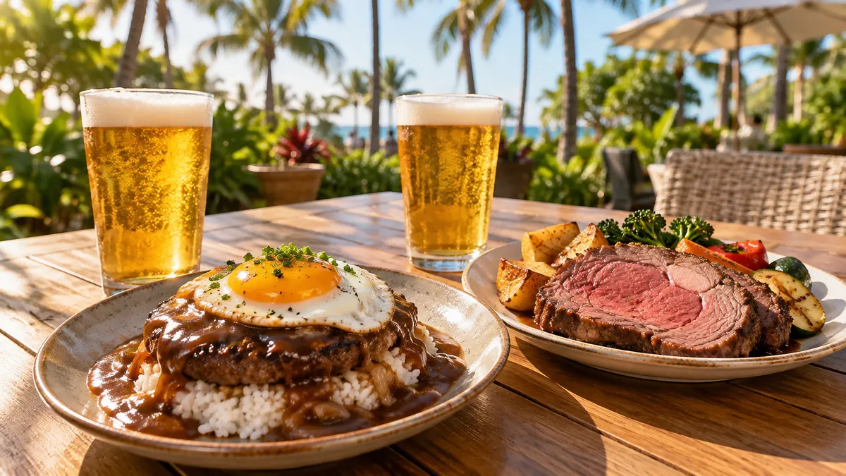 夕方の屋外の中庭の席で、木のテーブルにロコモコとローストした肉の皿、ビールのグラスが並んでいる情景