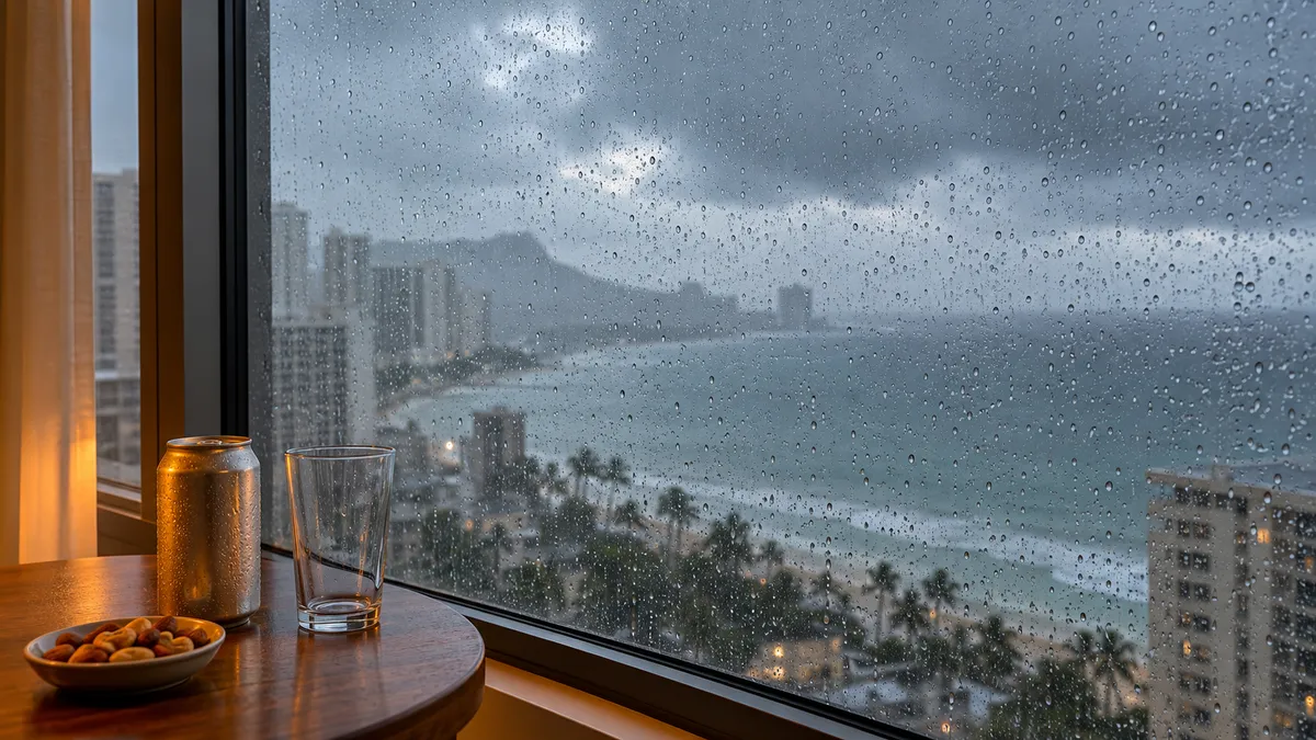 雨粒のついたワイキキの高層階の窓越しに、灰色の雨雲とぼんやりかすむ海が見える昼下がりの部屋