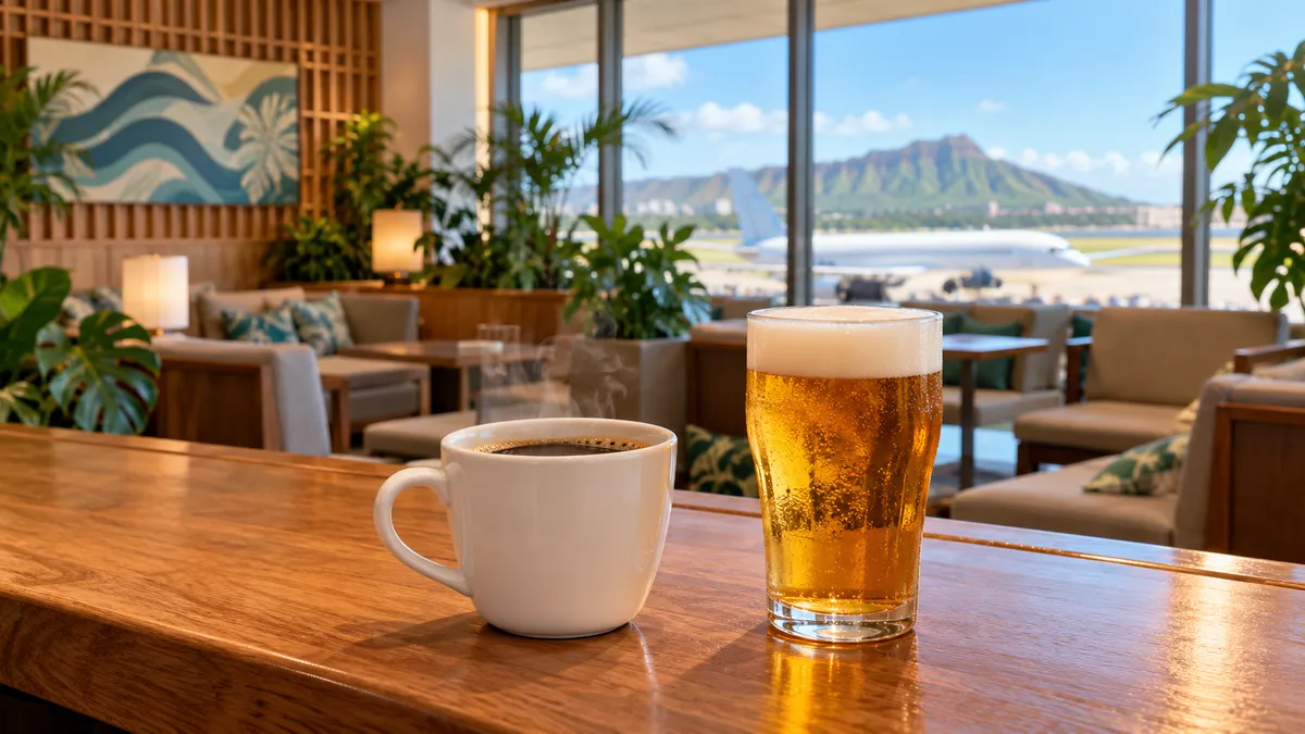 南国の植物と木のぬくもりがある空港ラウンジのカウンターに、コーヒーとビールのグラスが並ぶ様子
