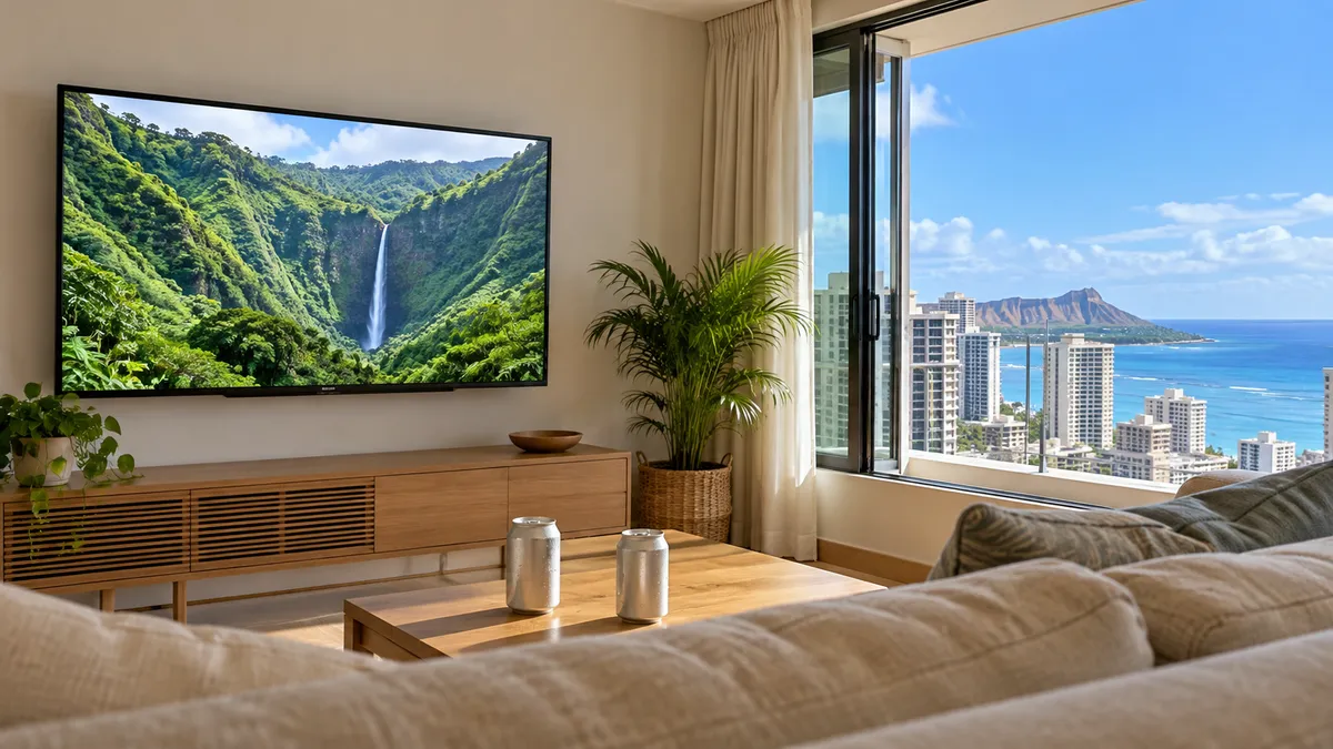 ワイキキのコンドミニアムのリビングで、テレビ画面に映る緑の谷と滝、ソファの前のテーブルに冷えた缶ビール