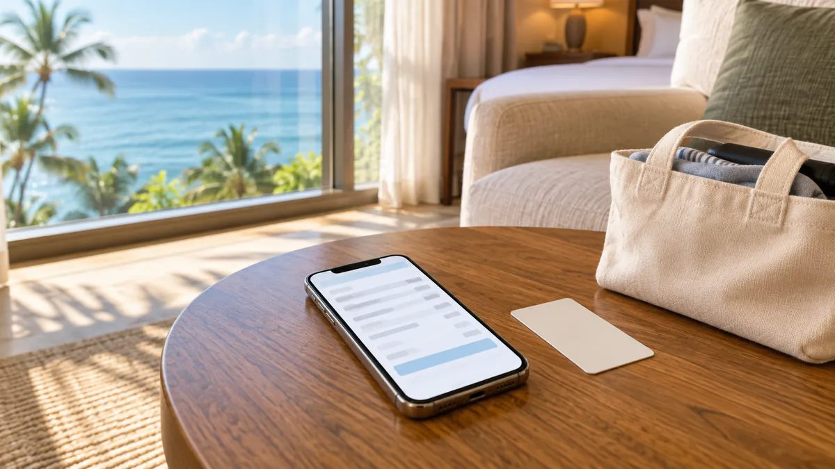 ホテルの部屋のテーブルに置かれたスマートフォンとルームキー、窓の外に朝の海