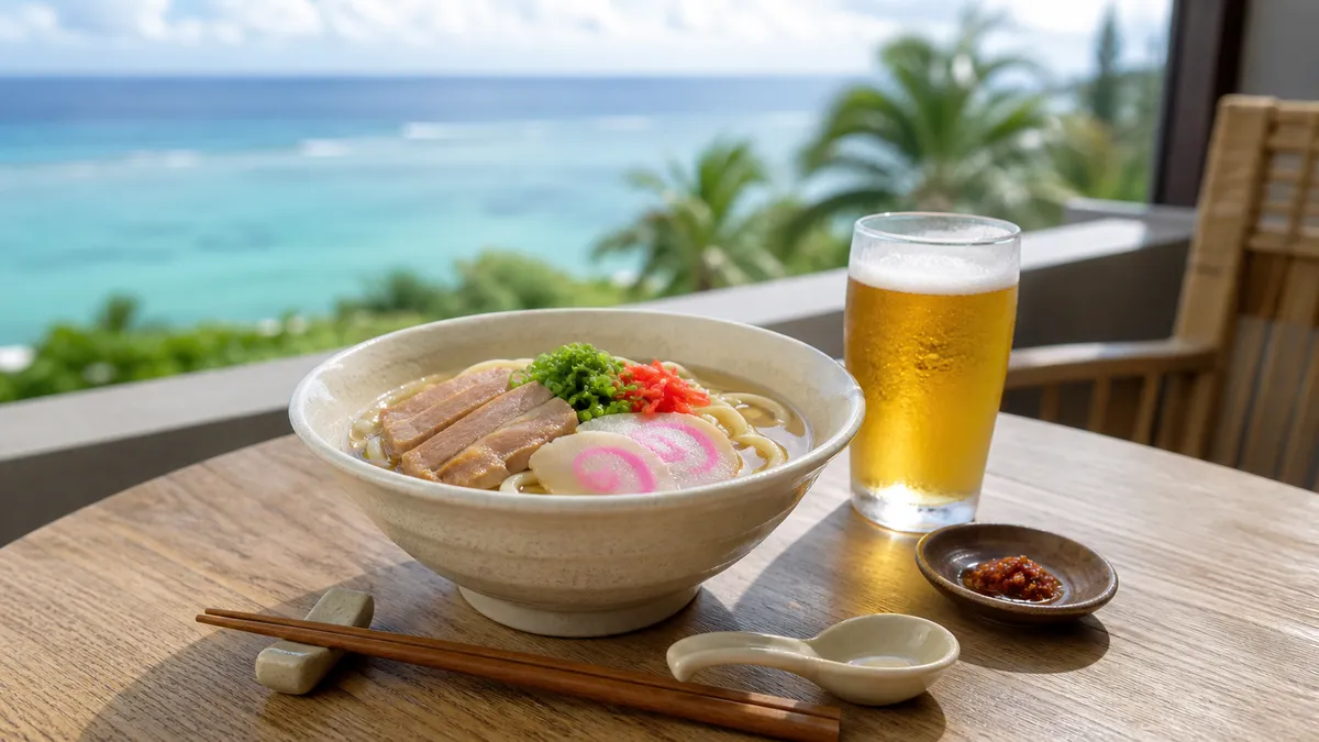 海沿いのテラス席のテーブルに置かれた沖縄そばの丼と、冷えたグラスビール
